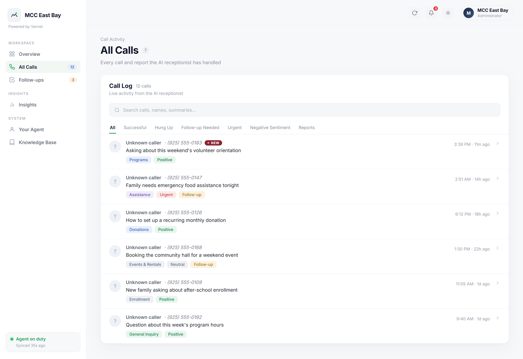 VARNET AI receptionist call dashboard, built for a community organization